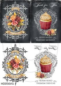 Декупажная карта А4 Hobby-decor, 55 г/м, HD056VG, Винтажная фоновая карта, "Любимый и благославенный", "Время для чая", фон черный (зеркальная) ― Творча майстерня ДекоПарк