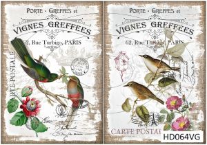 Декупажная карта А4 Hobby-decor, 55 г/м, HD064VG, Винтажная фоновая карта, почтовые открытки, птицы на ветке ― Творча майстерня ДекоПарк