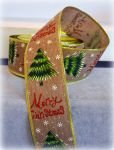 Лента 1-045, мешковина на проволоке, Merry Chrictmas, 63мм, 1ярд